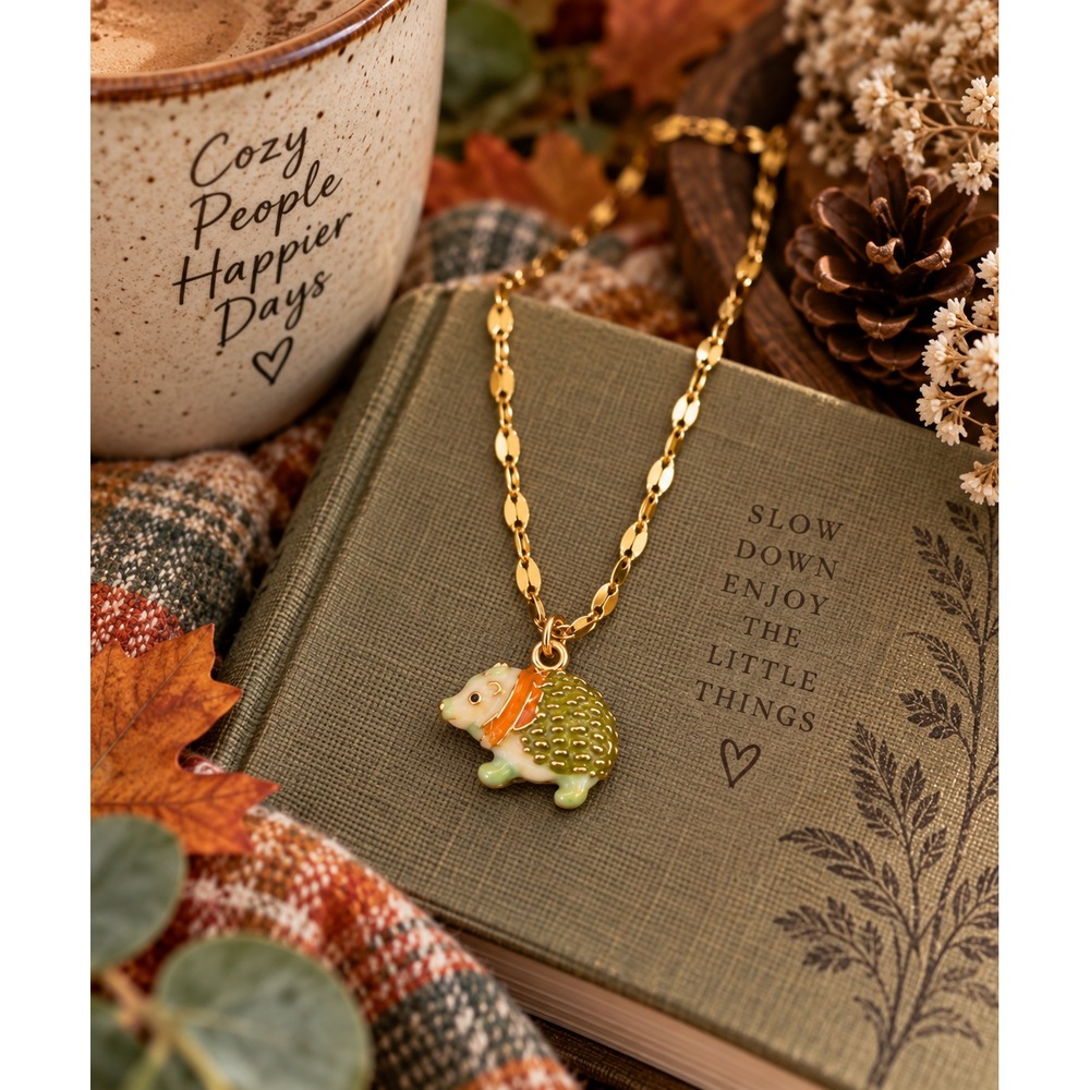Olive Green Hedgehog Necklace Gold Tone Enamel Woodland Animal Jewelry